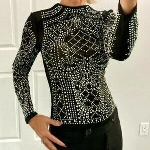 Black Sequin sheer and bead fitted top with back zipper size xs LIKE NEW!